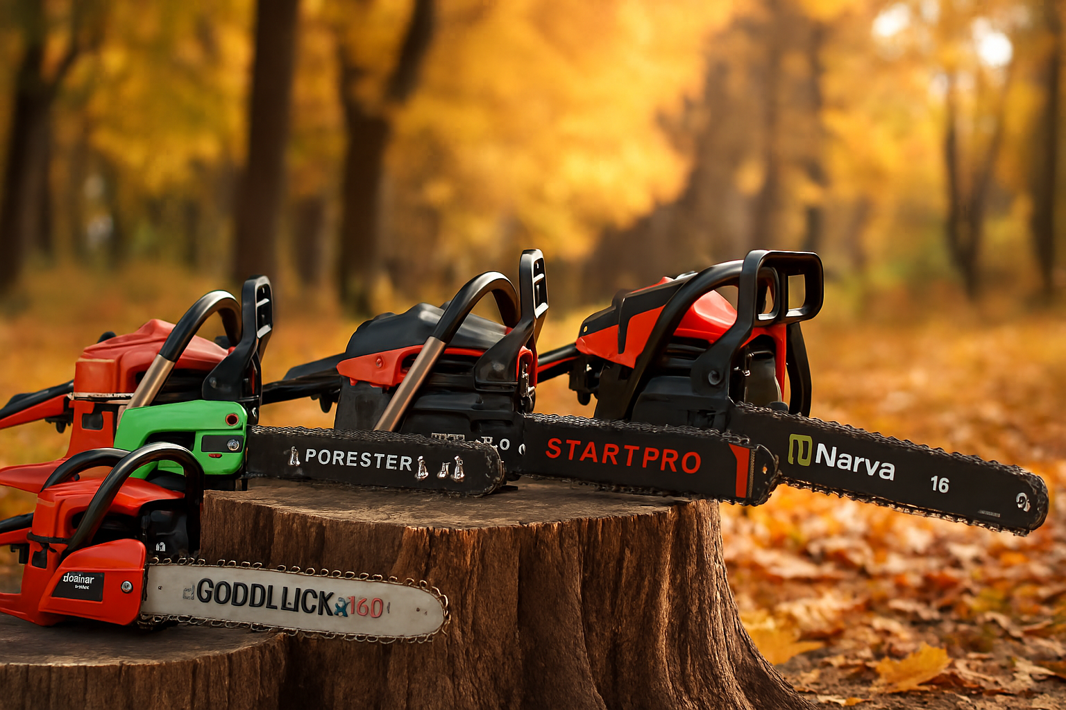Топ китайских бензопил 2025 — GoodLuck, Forester, Start Pro, Narva на фоне осеннего леса