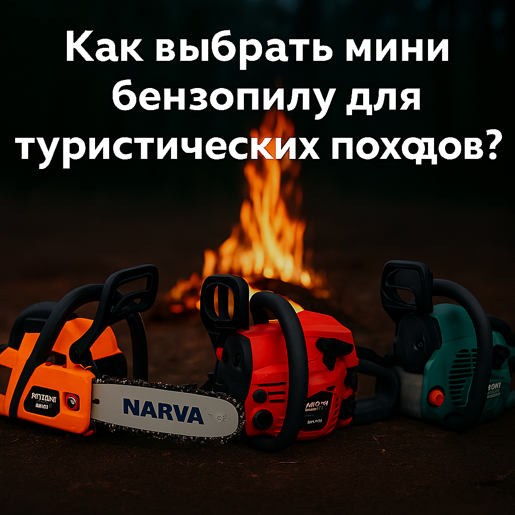 Три мини бензопилы для туристических походов на фоне лесного костра — модели NARVA, START PRO и ASSISTANT в ракурсе 3/4
